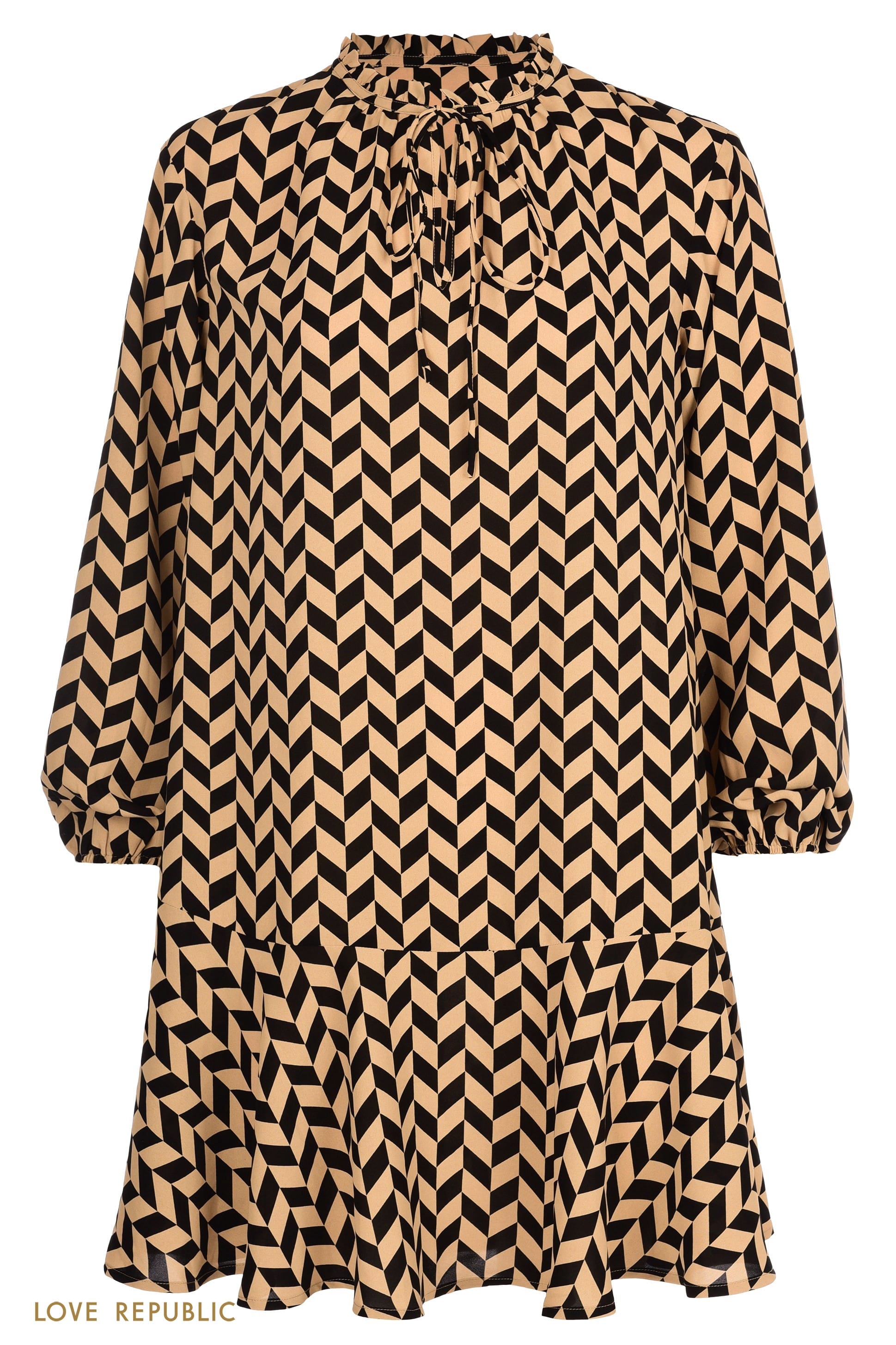 Бежевое платье А-силуэта с воланом по подолу 1152040568-65