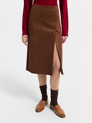 

Юбка миди А-силуэта из экозамши