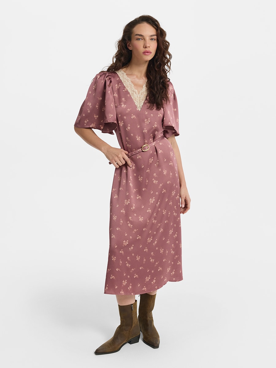 Атласное платье миди с кружевом и ремнем 6151605505-92