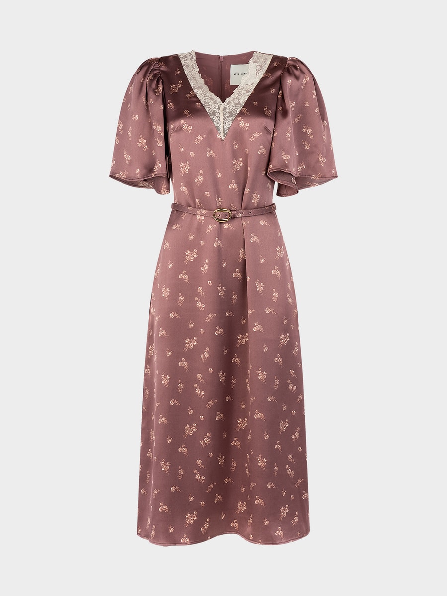 Атласное платье миди с кружевом и ремнем 6151605505-92