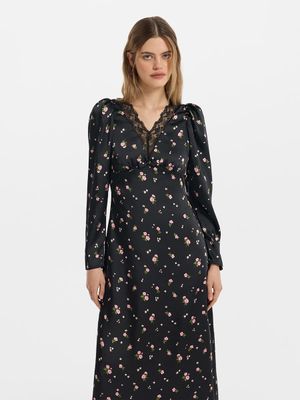 Атласное платье миди с кружевом