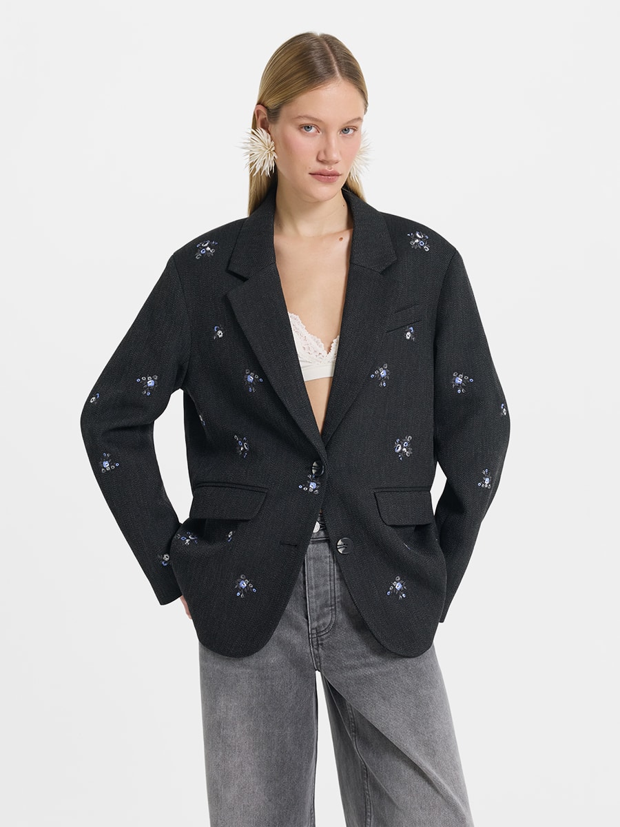 Однобортный жакет с цветочной вышивкой