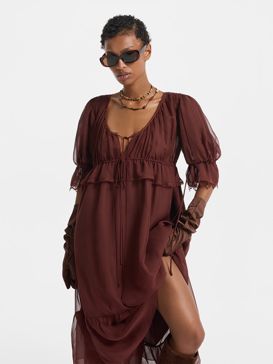 Шифоновое платье с воланами и кружевом 6153617520-414