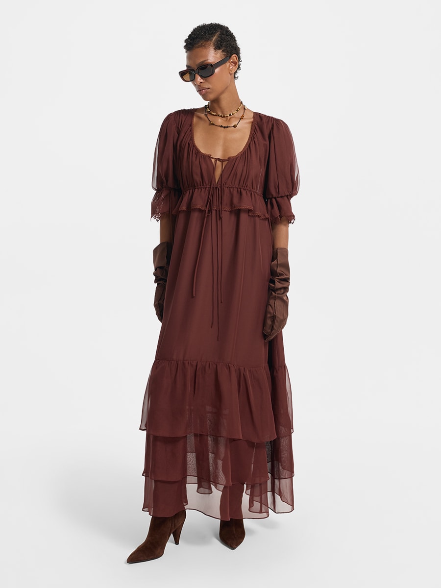 Шифоновое платье с воланами и кружевом 6153617520-414