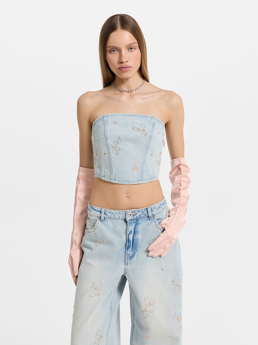 Джинсовый корсет с вышивкой бисером и пайетками 6255452330-101